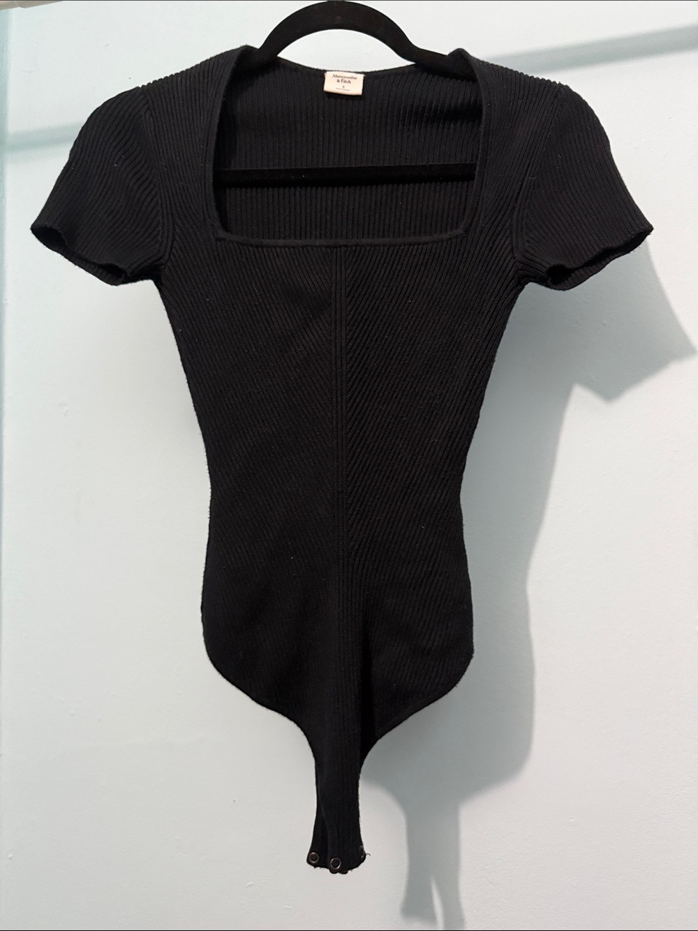 Abercrombie & Fitch Black Ribbed Square-Neck Short-Sleeve Bodysuit